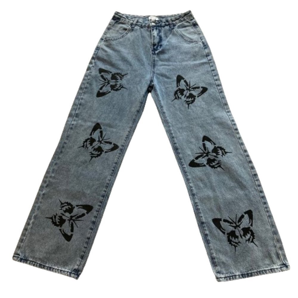 Beginning Boutique Butterfly Print Baggy Jeans Women's Medium M